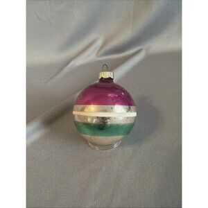 Vintage Shiny Brite Striped Glass 2” Ball Christmas Ornament USA Pink Silver Grn